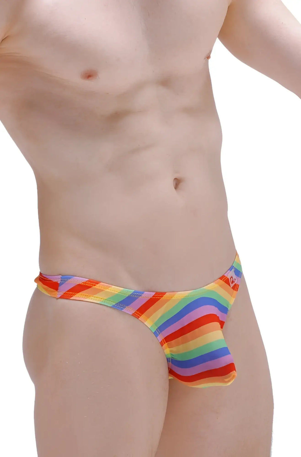 Petitq thong chill net rainbow men’s thong with vibrant diagonal rainbow stripes and a snug form-fitting design
