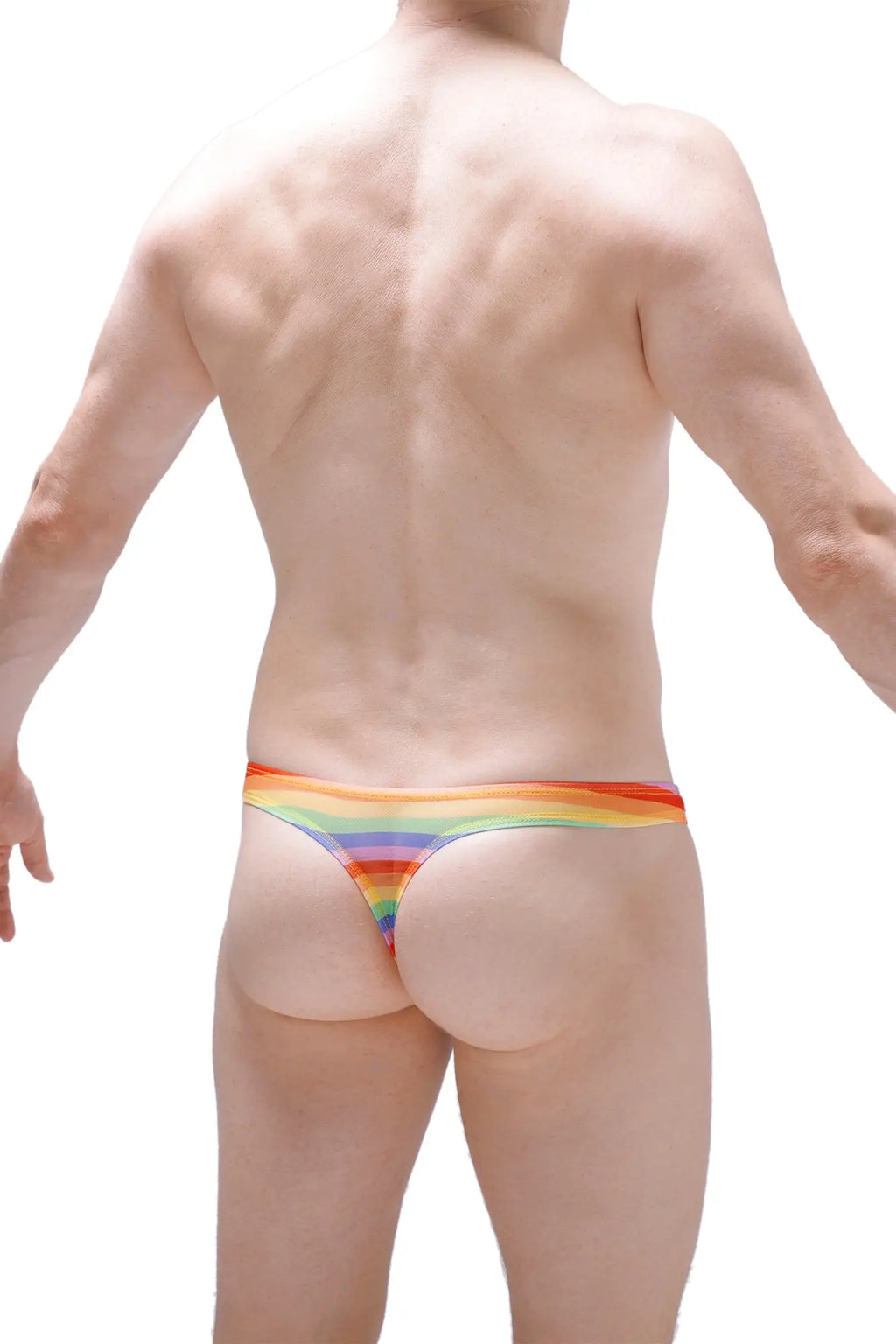 Petitq thong chill net rainbow with rainbow stripes and a snug form-fitting design in vibrant colors visible from the back