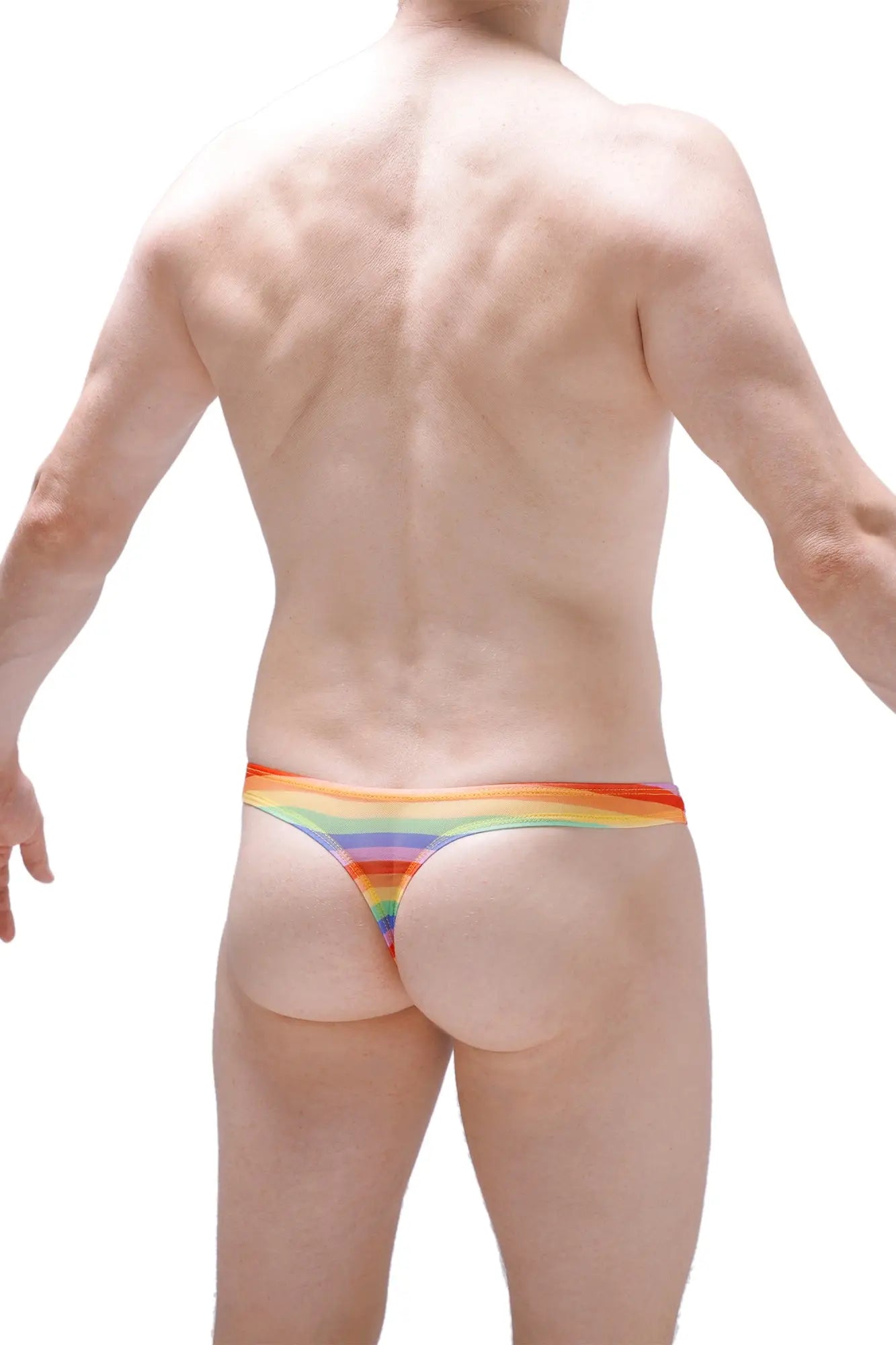 Petitq thong chill net rainbow with rainbow stripes and a snug form-fitting design in vibrant colors visible from the back