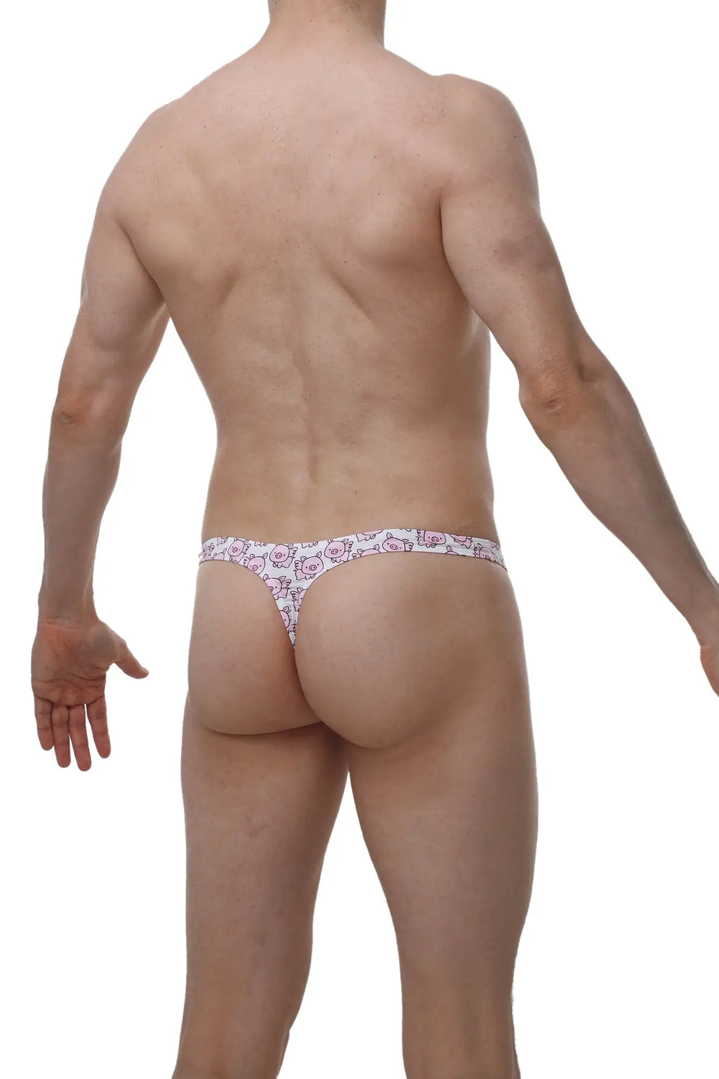 White petitq thong with a repeating pink chill piggy love cartoon pattern showing the back side