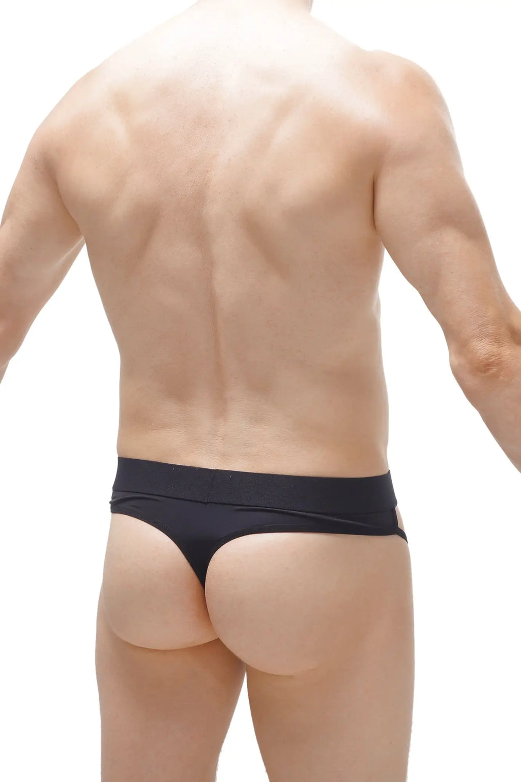 Black petitq thong cockring silicone with a form-fitting smooth fabric and narrow waistband shown from the back side