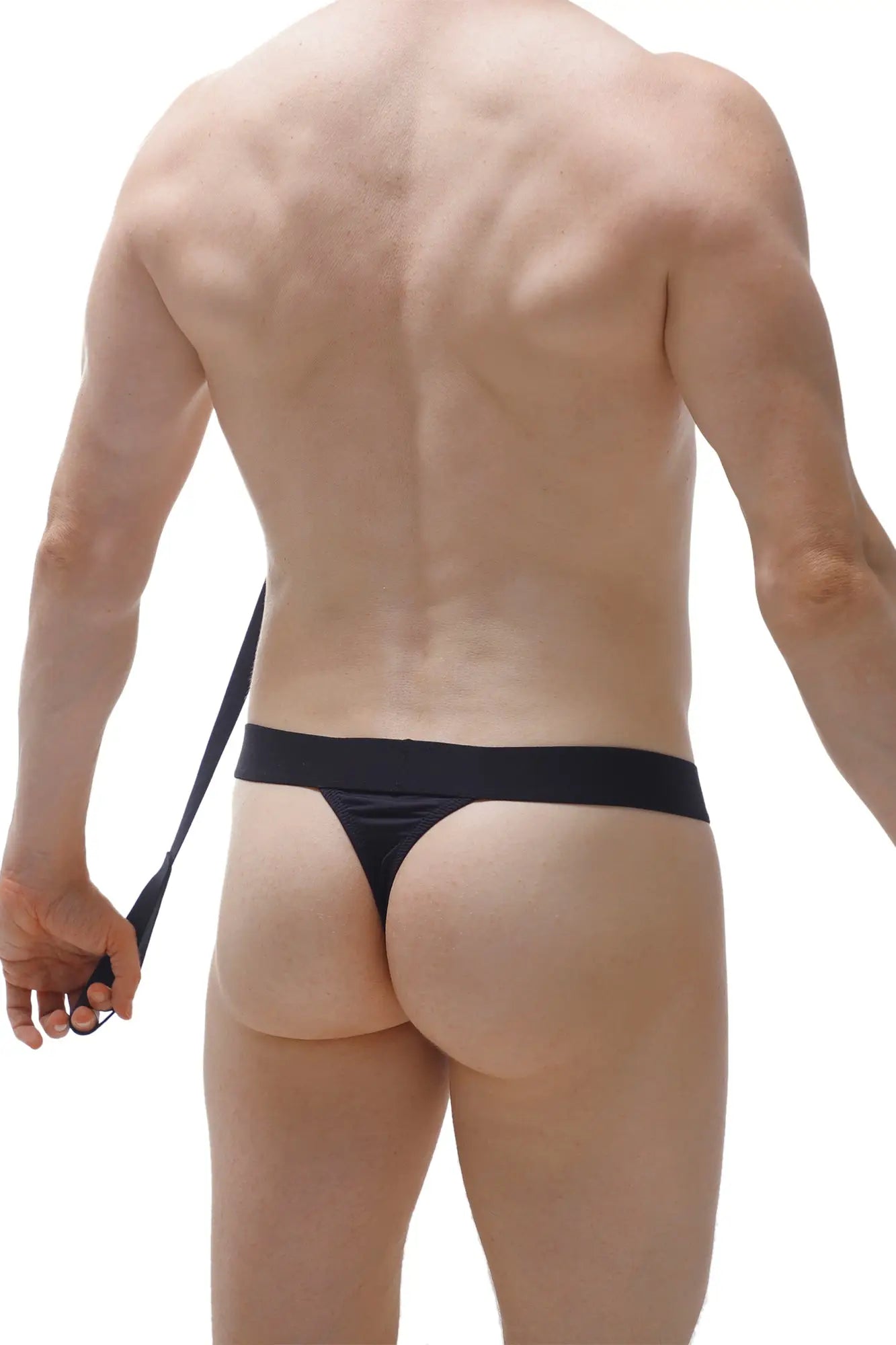 Black thong with thin adjustable strap shown from the back in PetitQ thong doggy black style