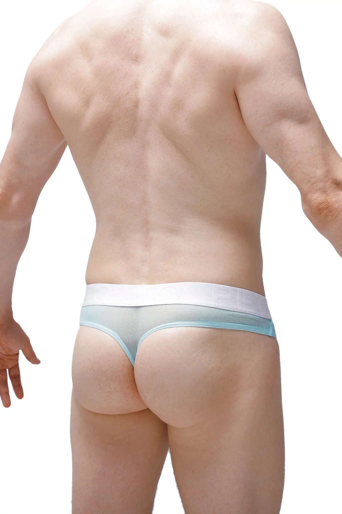 Light blue sheer mesh thong with white elastic waistband from PetitQ thong Dolmen net green collection shown from front