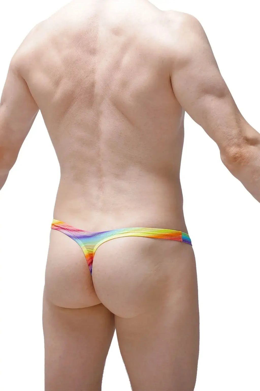 Petitq thong dome andiol rainbow-colored stretchy fabric thong with vibrant gradient design shown from the back side