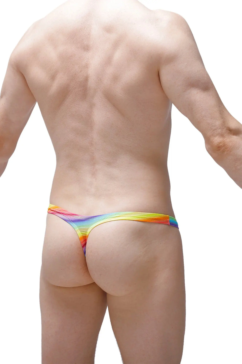 Petitq thong dome andiol rainbow-colored stretchy fabric thong with vibrant gradient design shown from the back side