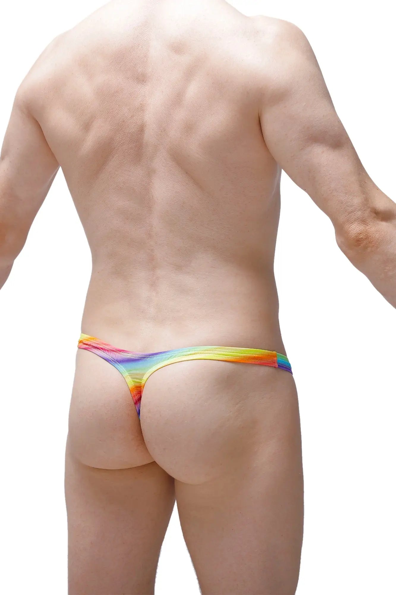 Petitq thong dome andiol rainbow-colored stretchy fabric thong with vibrant gradient design shown from the back side