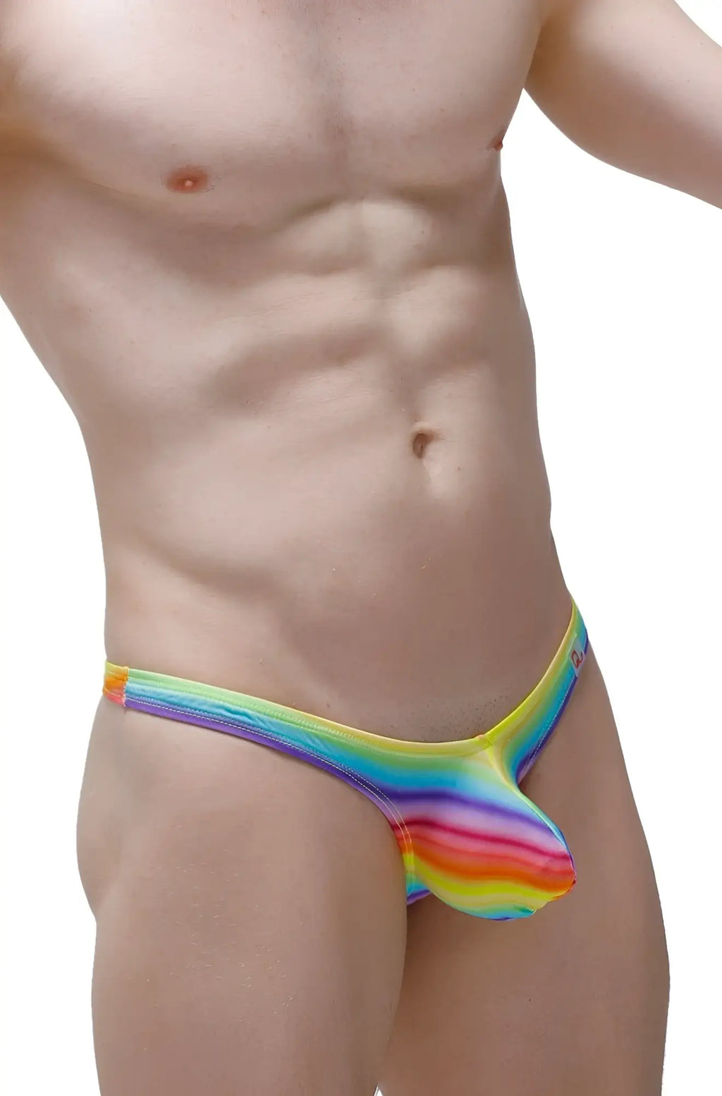 Rainbow-striped petitq thong dome andiol for men with glossy stretchy fabric finish shown from the back side
