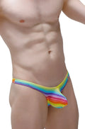 Rainbow-striped petitq thong dome andiol for men with glossy stretchy fabric finish shown from the back side