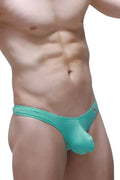 PetitQ thong dome bamboo green teal men’s briefs with smooth stretchy fabric and small red logo on the sideband