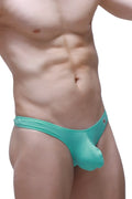 PetitQ thong dome bamboo green teal men’s briefs with smooth stretchy fabric and small red logo on the sideband