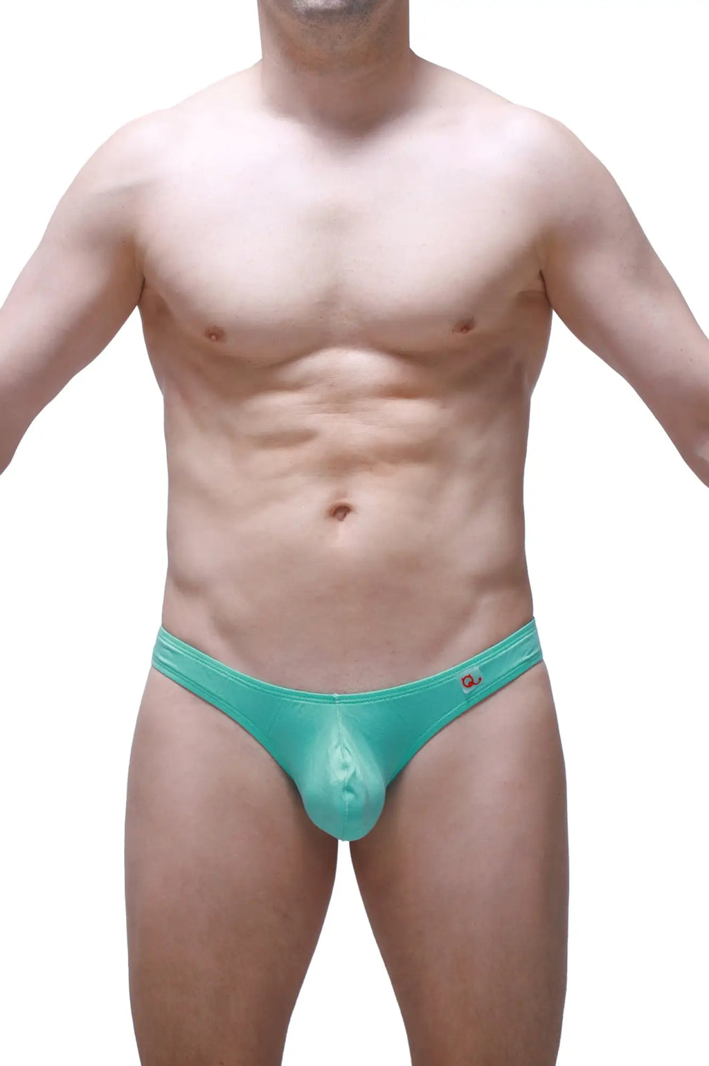 Teal-colored men’s briefs with smooth stretchy bamboo fabric and a small logo on the waistband petitq thong dome bamboo green