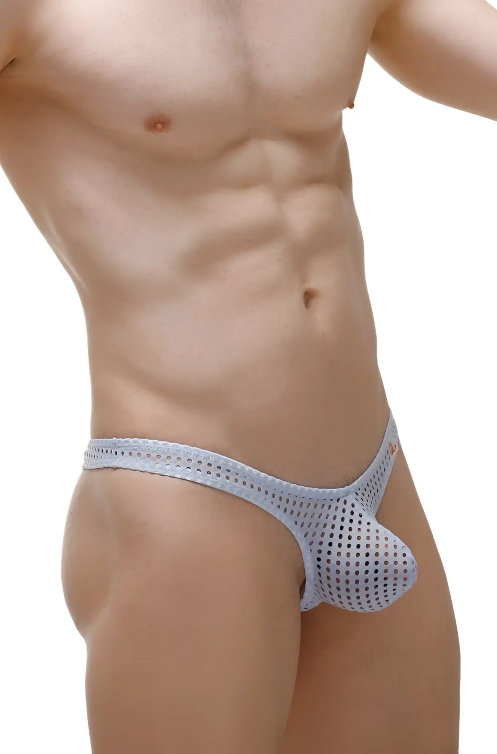Petitq thong dome durtol sky blue light blue mesh briefs with perforated design and small red logo on the side
