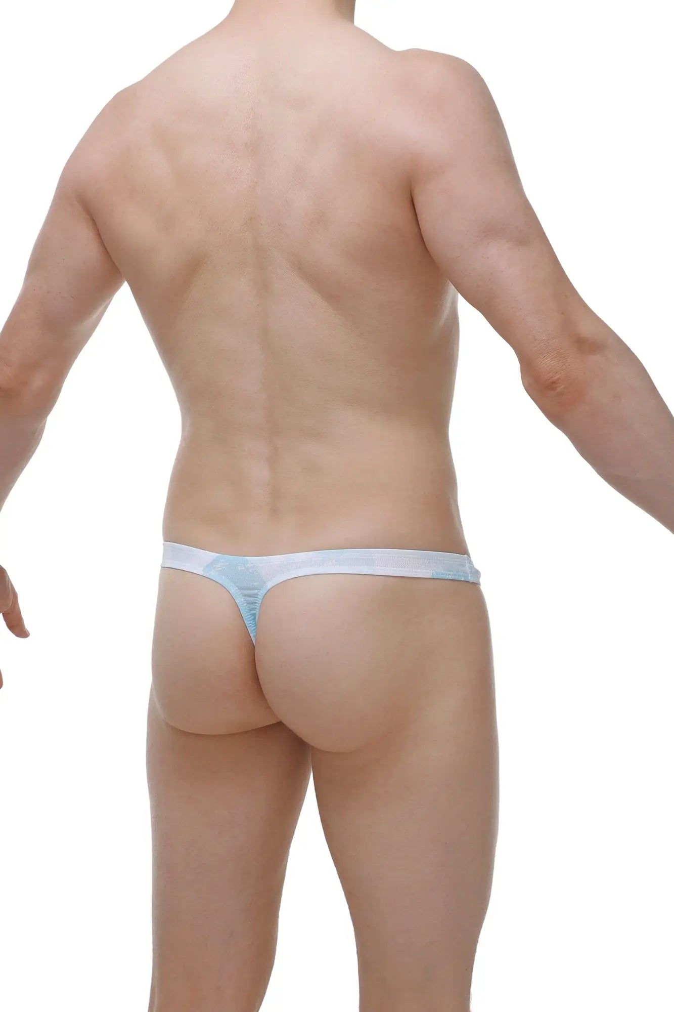 PetitQ thong dome marbre sky blue light blue thin fabric thong with subtle pattern and smooth texture front view