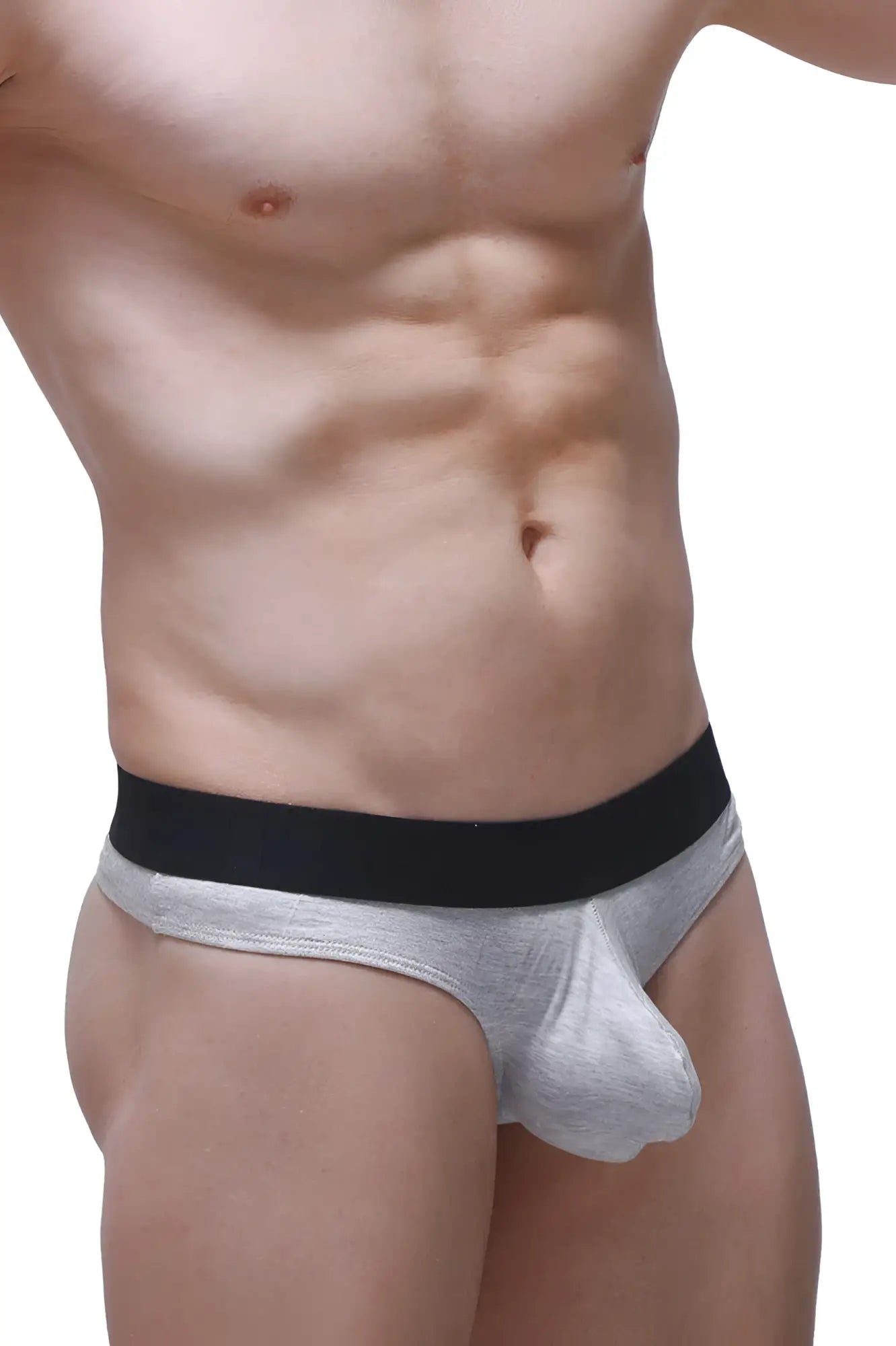 Gray petitq thong briefs with black waistband made of dome modal fabric for athletic use front view