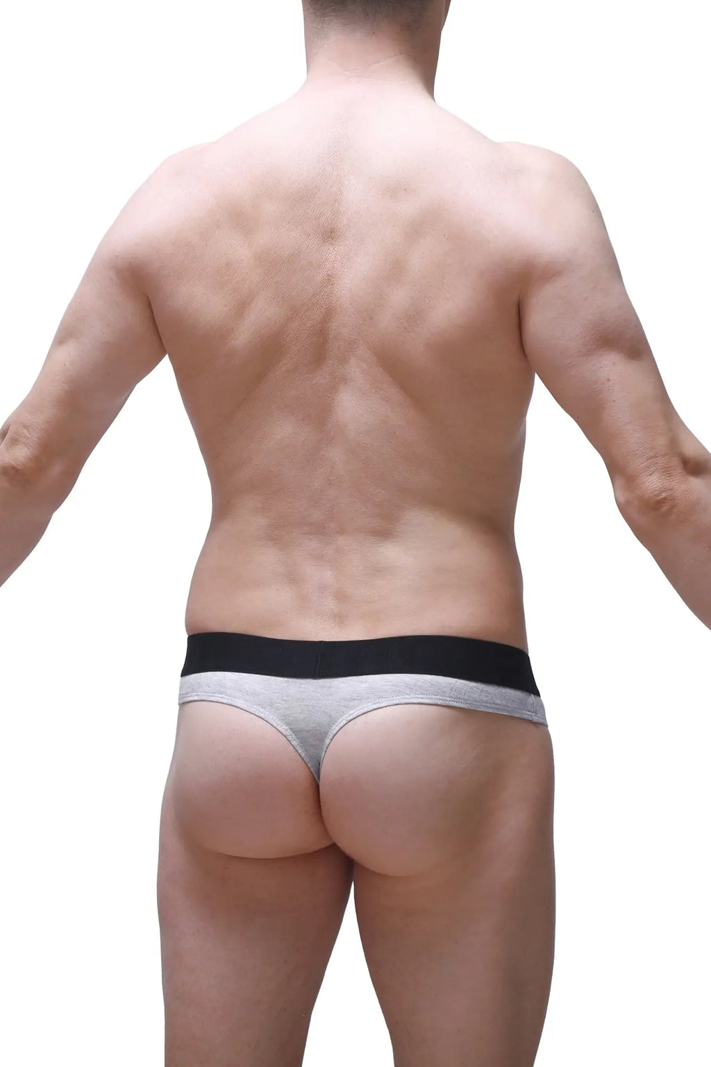 Gray thong underwear with black elastic waistband made from modal fabric petitq thong dome modal grey front side view