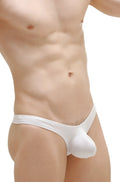 White petitq thong dome modal with smooth texture and prominent pouch design for men