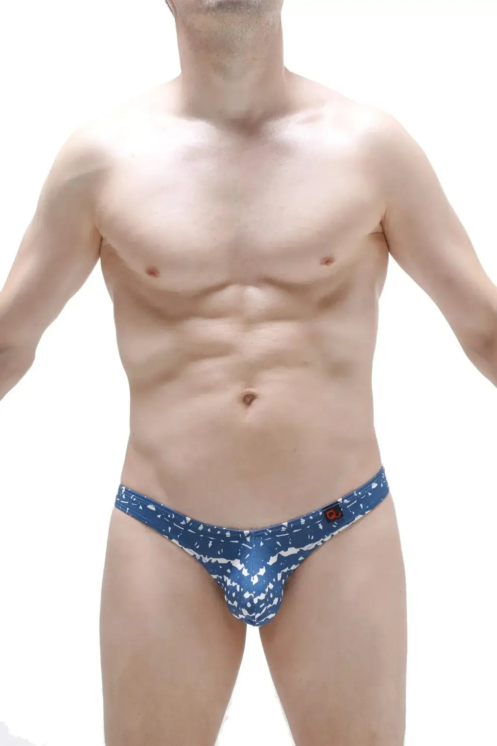 Petitq thong dome new denim blue patterned men’s briefs with white abstract design in soft denim fabric