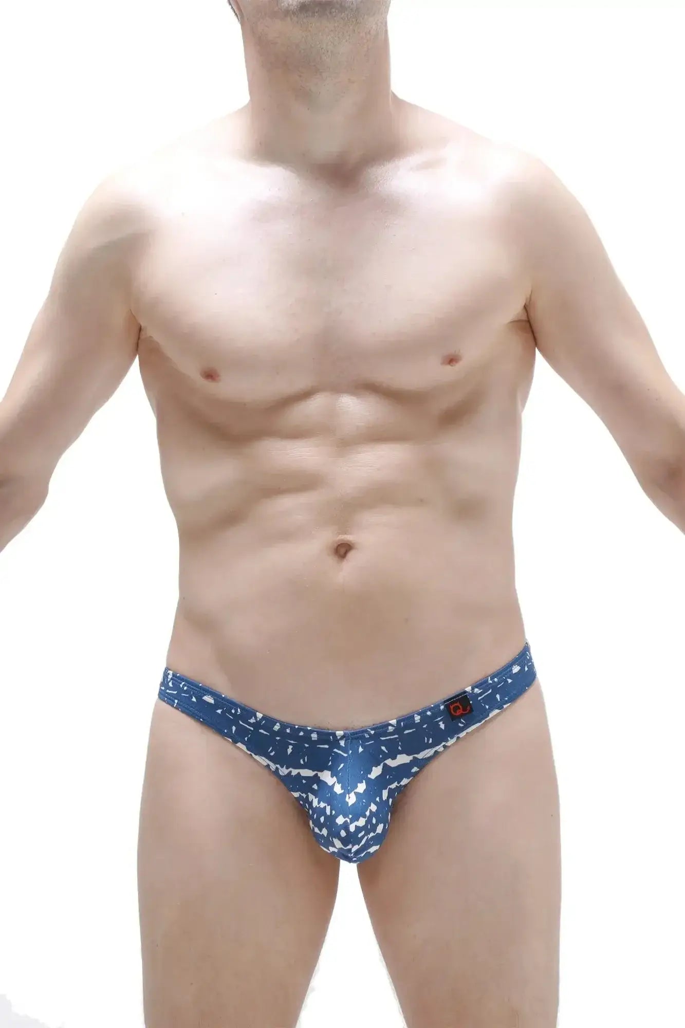 Petitq thong dome new denim blue patterned men’s briefs with white abstract design in soft denim fabric
