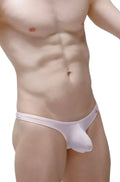PetitQ thong men’s white smooth form-fitting design with subtle red branding on the waistband front view