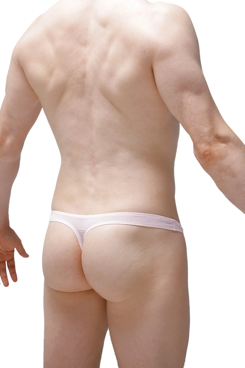 White PetitQ thong underwear with a thin seamless design in dome plum light pink color shown from the back side
