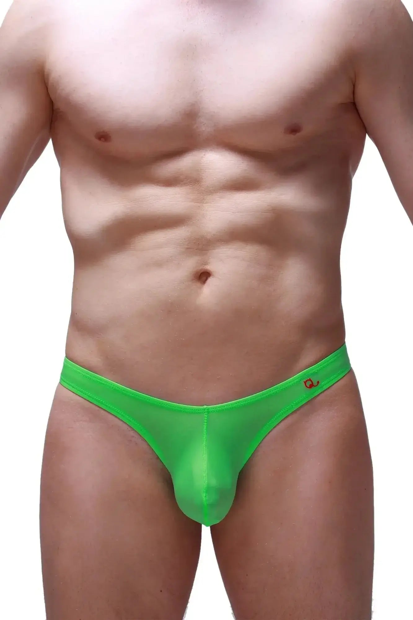 Bright neon green sheer mesh PetitQ thong with small logo on waistband shown from the back side