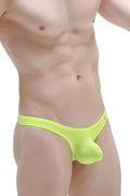 Bright neon green sheer mesh mens thong with contoured design from PetitQ thong dome plum neon yellow collection