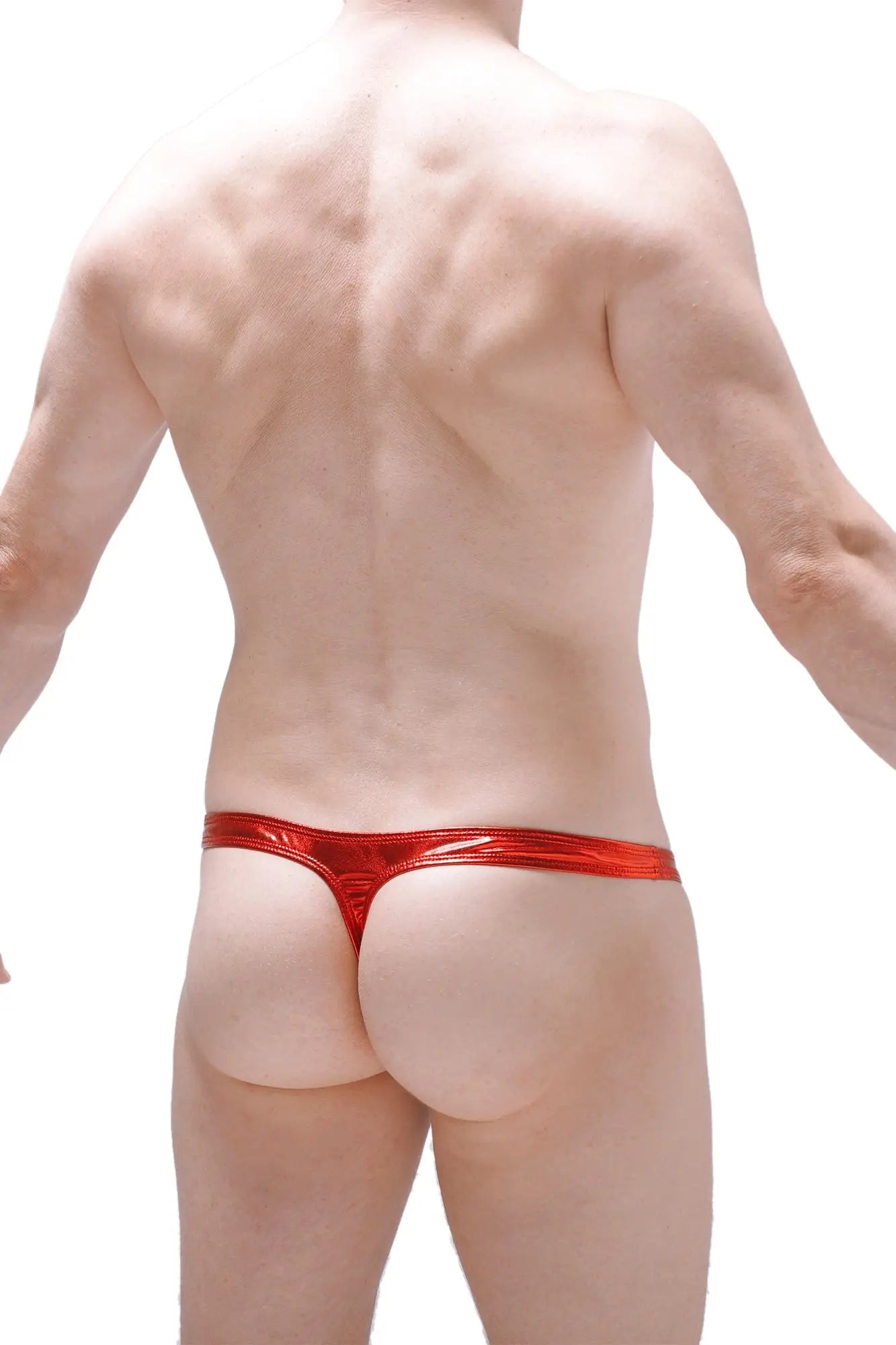 Red metallic petiteQ thong with a shiny reflective finish showcasing sleek modern lingerie style