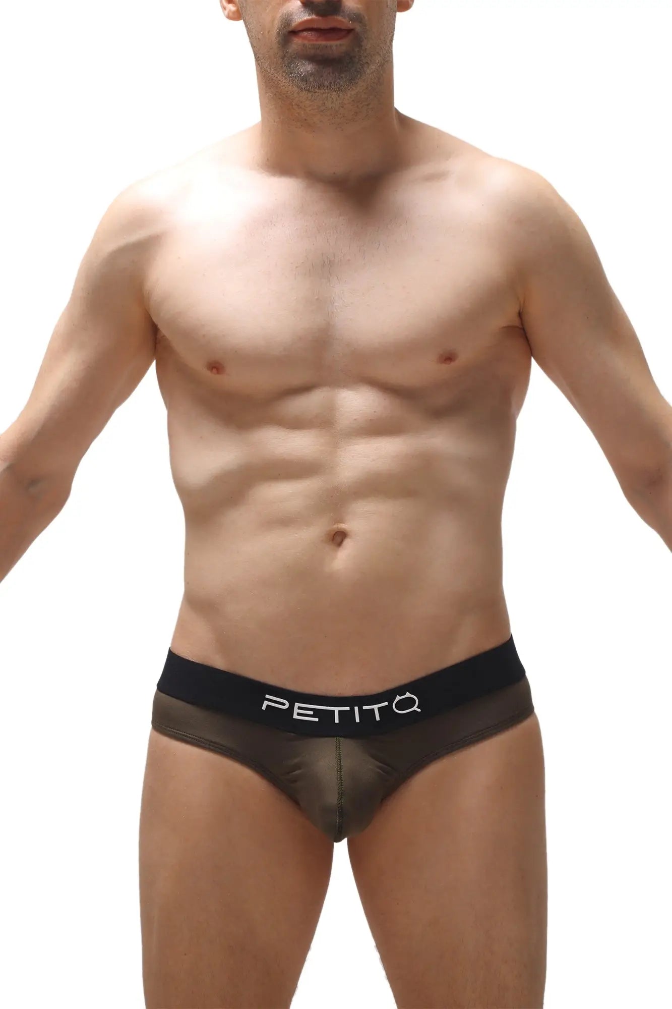 Black mesh briefs with black waistband featuring petitq logo in white from the petitq thong double pouch modal olive collection