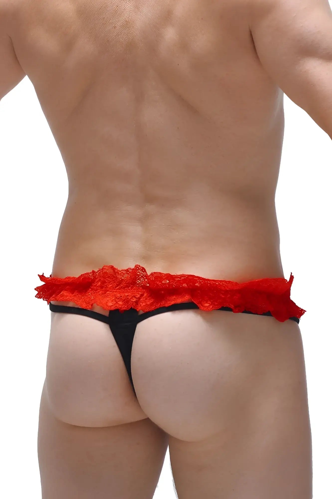 Petitq thong fremir black red lace-trimmed black sheer thong front view with delicate lace details