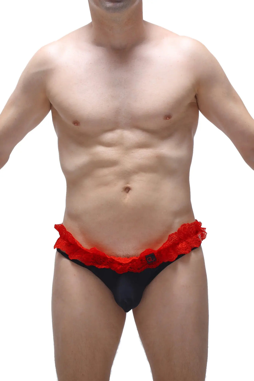 Black briefs with vibrant red lace trim from petitq thong fremir black showcasing front design