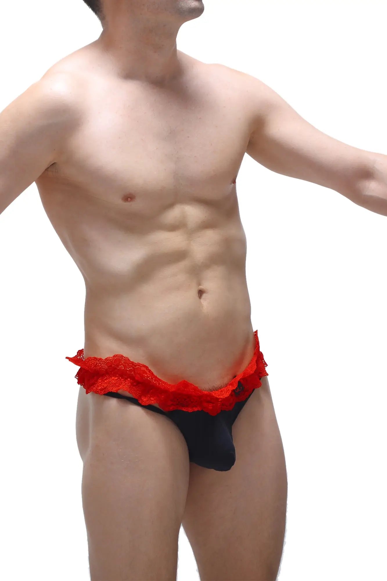 PetitQ Thong Fremir black black briefs with vibrant red lace trim showing front view in delicate fabric