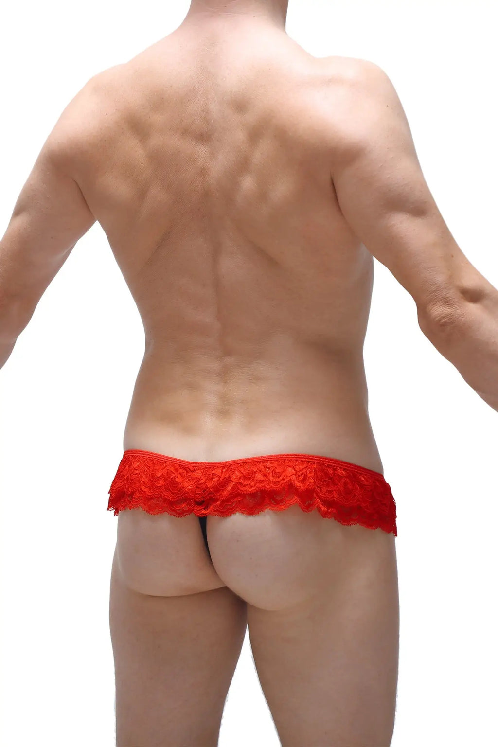 Red lace thong with intricate floral patterns from petitq in black showcasing delicate feminine lingerie design