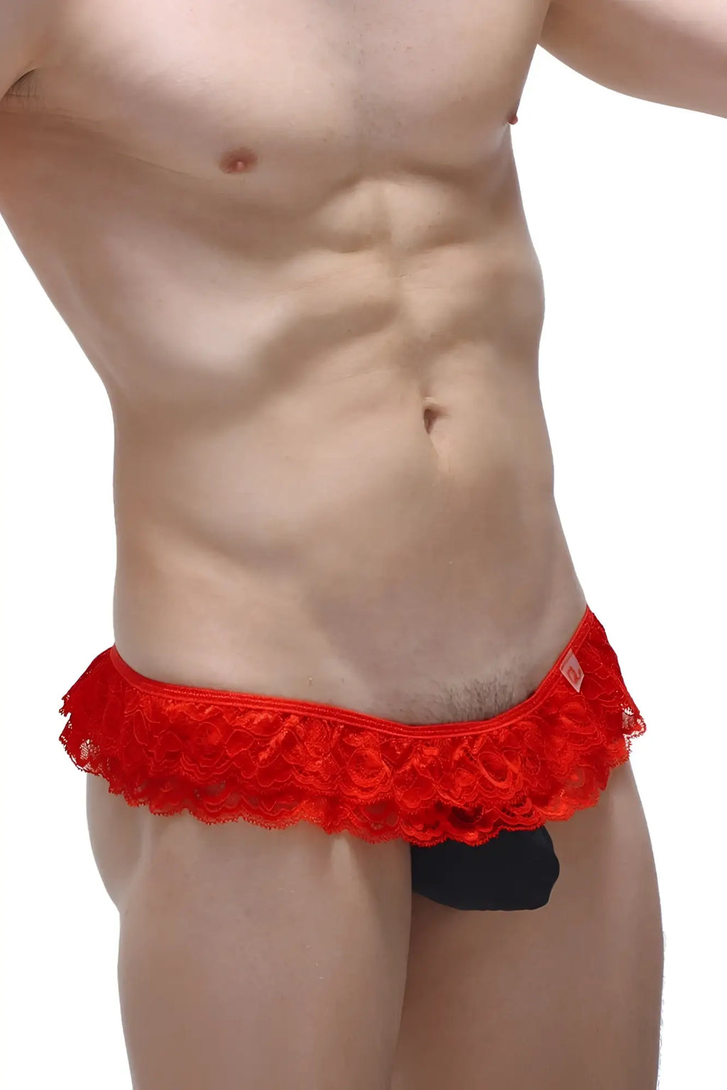 PetitQ thong frou-frou black red lace thong with scalloped edge and black inner lining showing front side