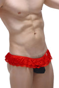 PetitQ thong frou-frou black red lace thong with scalloped edge and black inner lining showing front side
