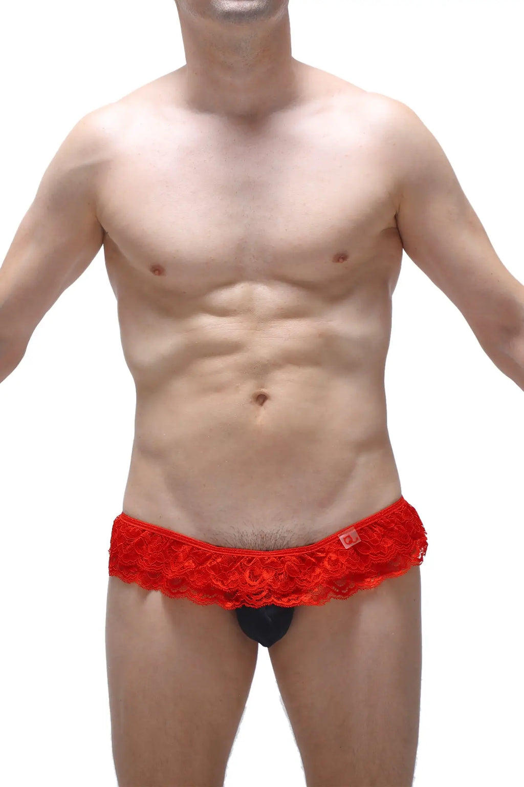 Petitq thong frou-frou black red lace-trimmed men’s briefs with black inner lining front view