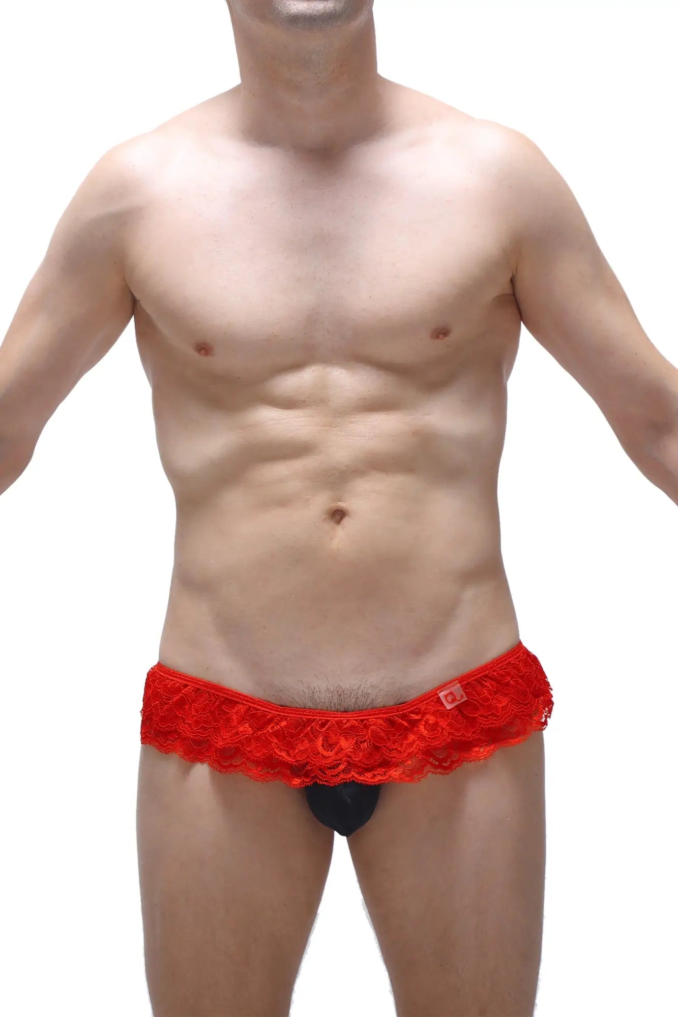 Petitq thong frou-frou black red lace-trimmed men’s briefs with black inner lining front view