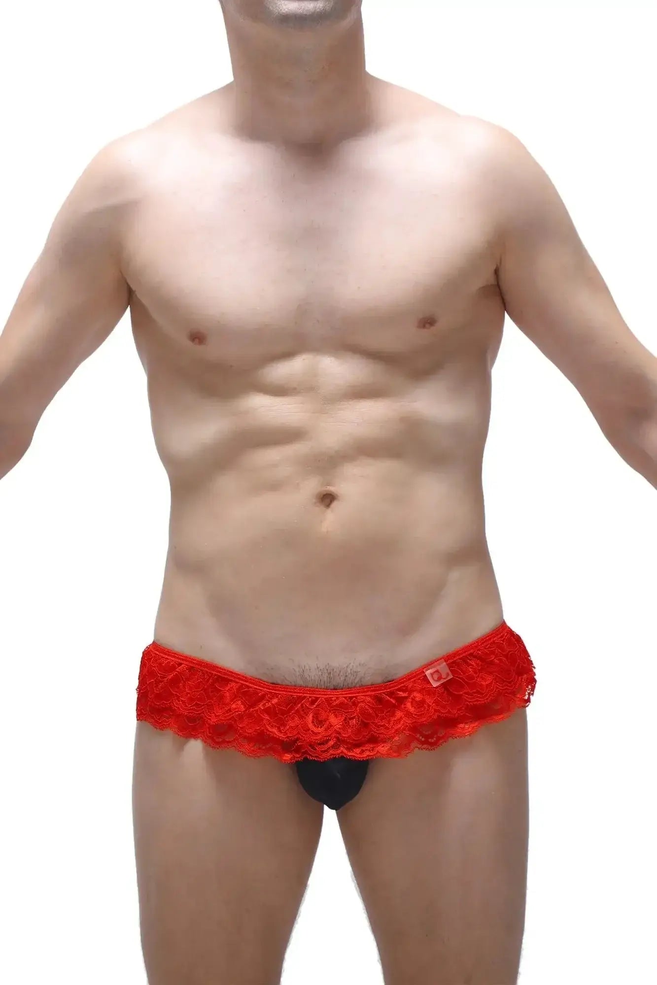 Petitq thong frou-frou black red lace-trimmed men’s briefs with black inner lining front view