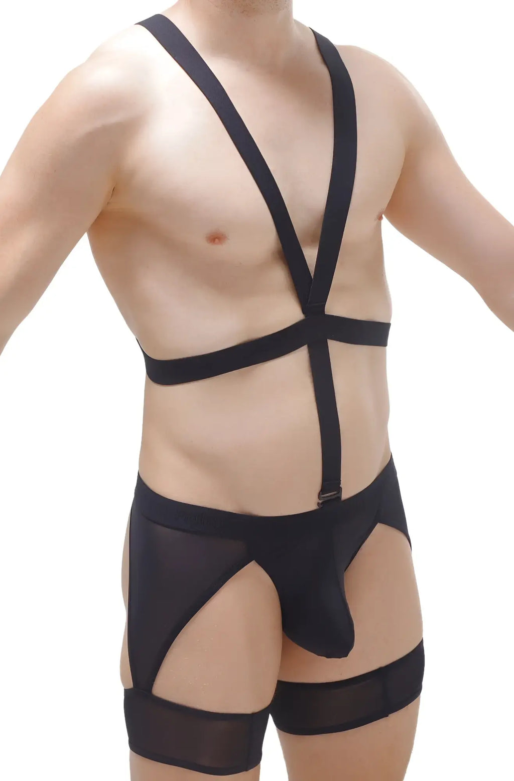 PetitQ thong harness Mece black black mesh lingerie with adjustable straps and a central front panel