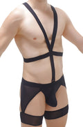 PetitQ thong harness Mece black black mesh lingerie with adjustable straps and a central front panel