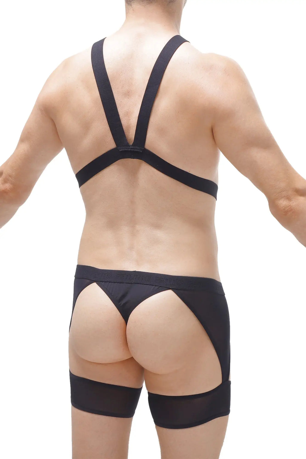 PetitQ thong harness Mece black satin briefs with wide supportive straps and sheer mesh panels at the sides