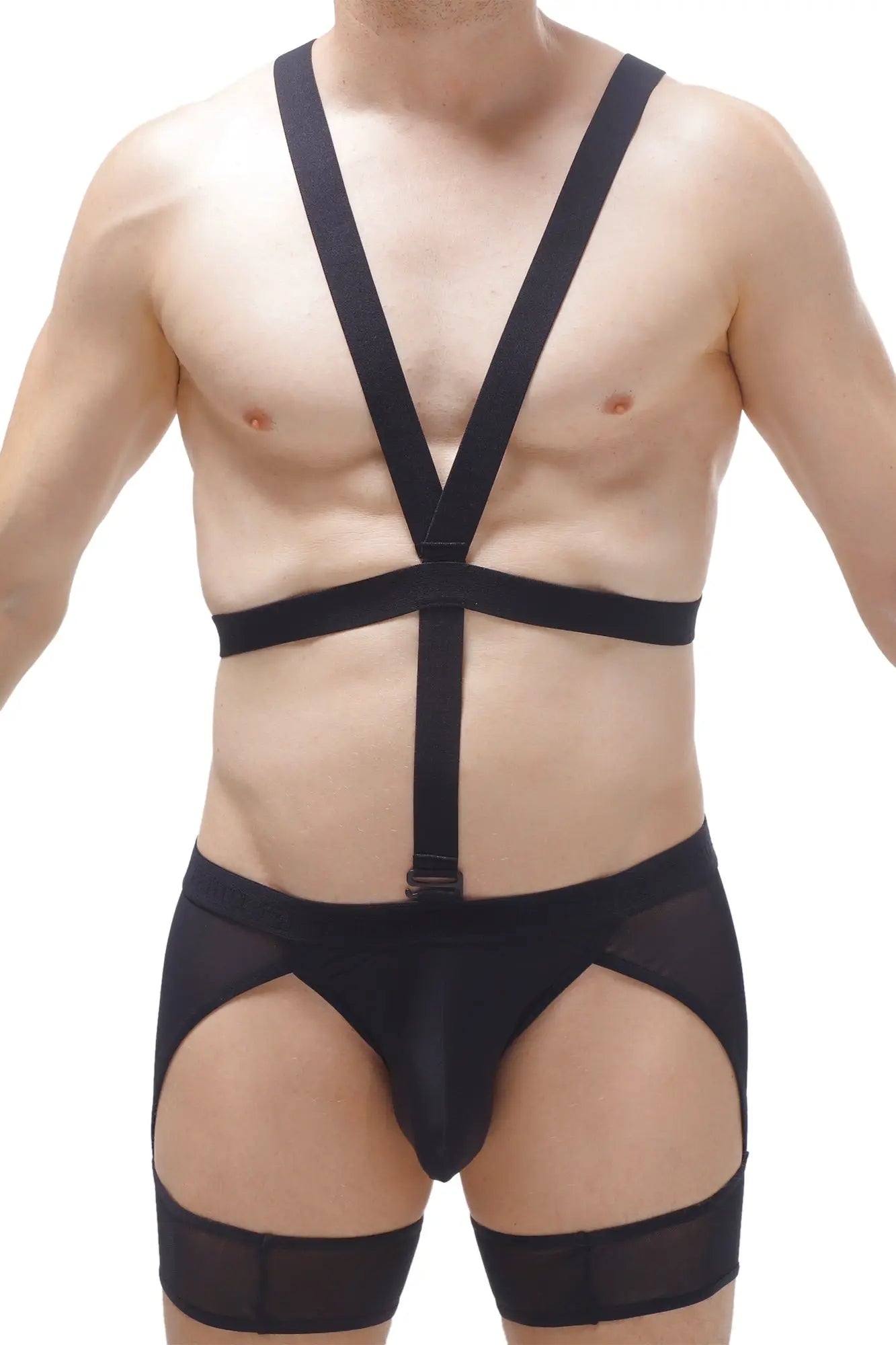 Black harness-style bodysuit with mesh panels and adjustable straps from petitq thong harness mece black