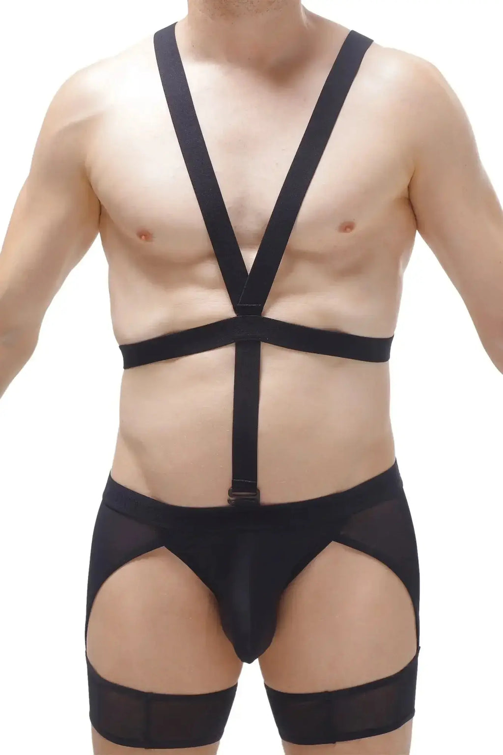 Black harness-style bodysuit with mesh panels and adjustable straps from petitq thong harness mece black