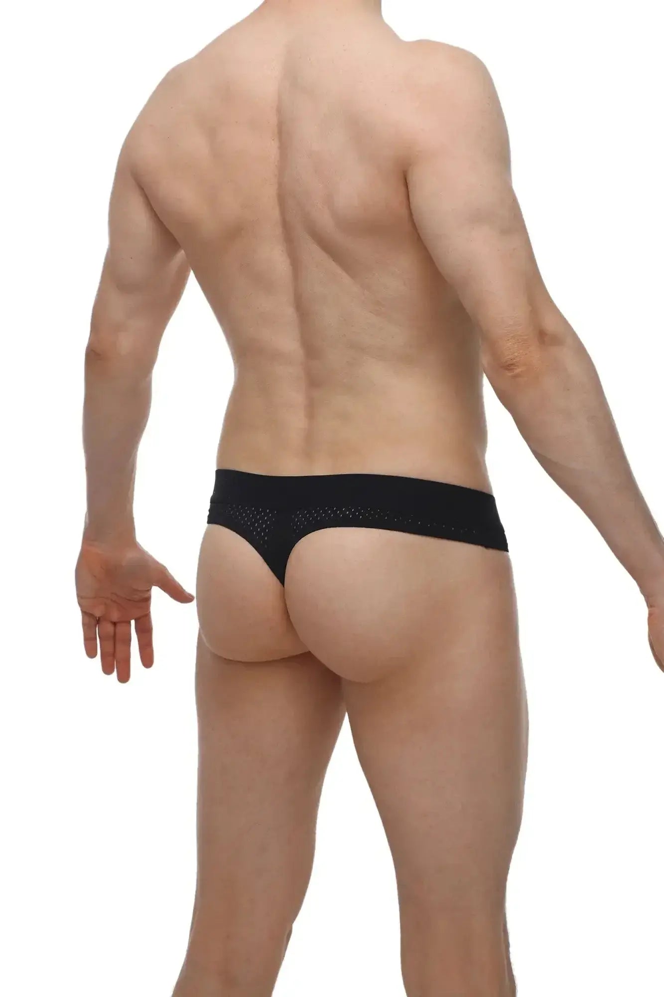 Black mesh thong with snug form-fitting design from petitq thong hole cockring bee black shown from the back side