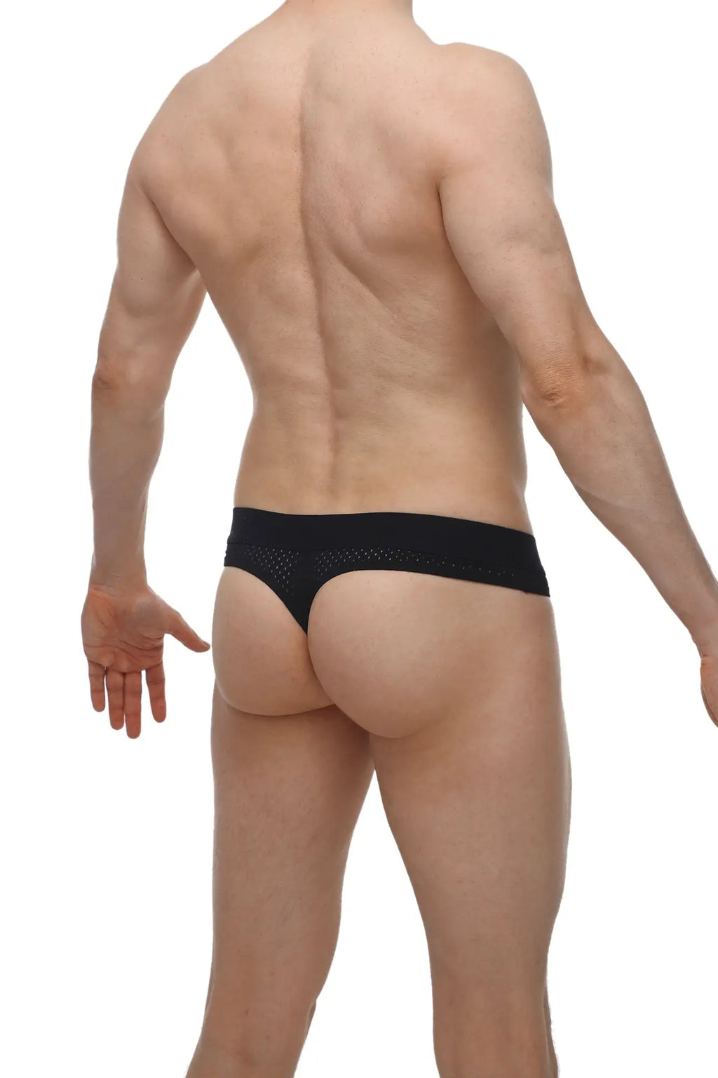 Black mesh thong with snug form-fitting design from petitq thong hole cockring bee black shown from the back side
