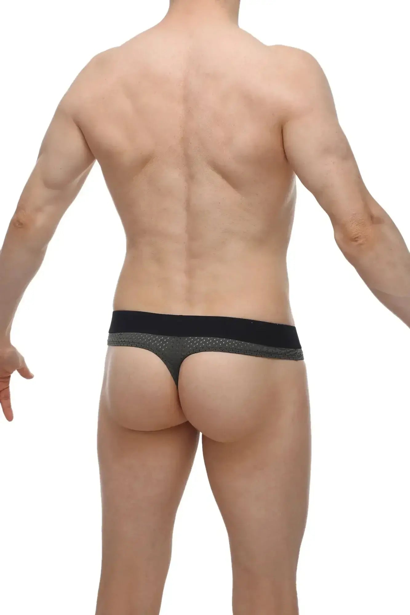 Black and gray mesh briefs with solid black waistband for PetitQ thong hole cockring bee green product