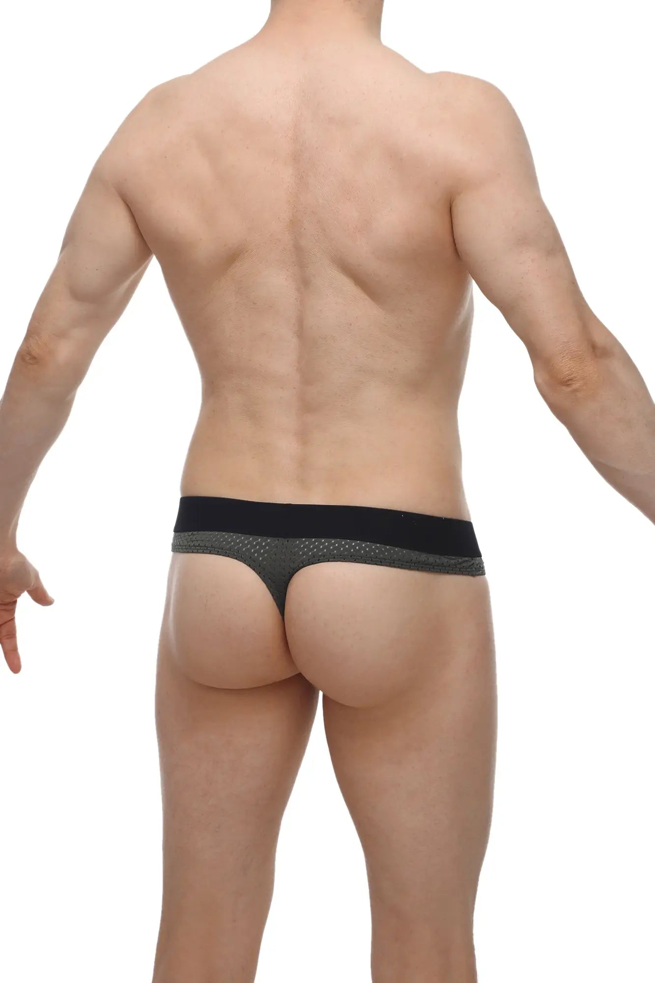 Black and gray mesh briefs with solid black waistband for PetitQ thong hole cockring bee green product