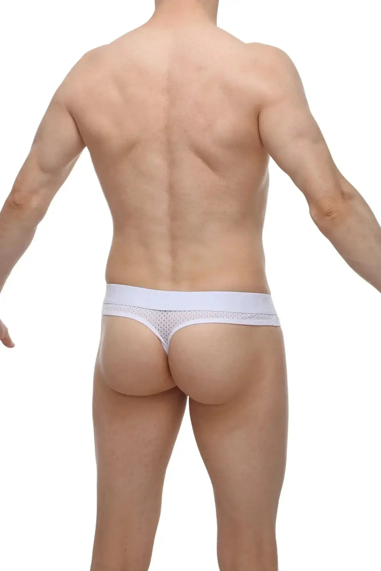 White mesh thong with solid waistband featuring a cockring hole by PetitQ in bee white color