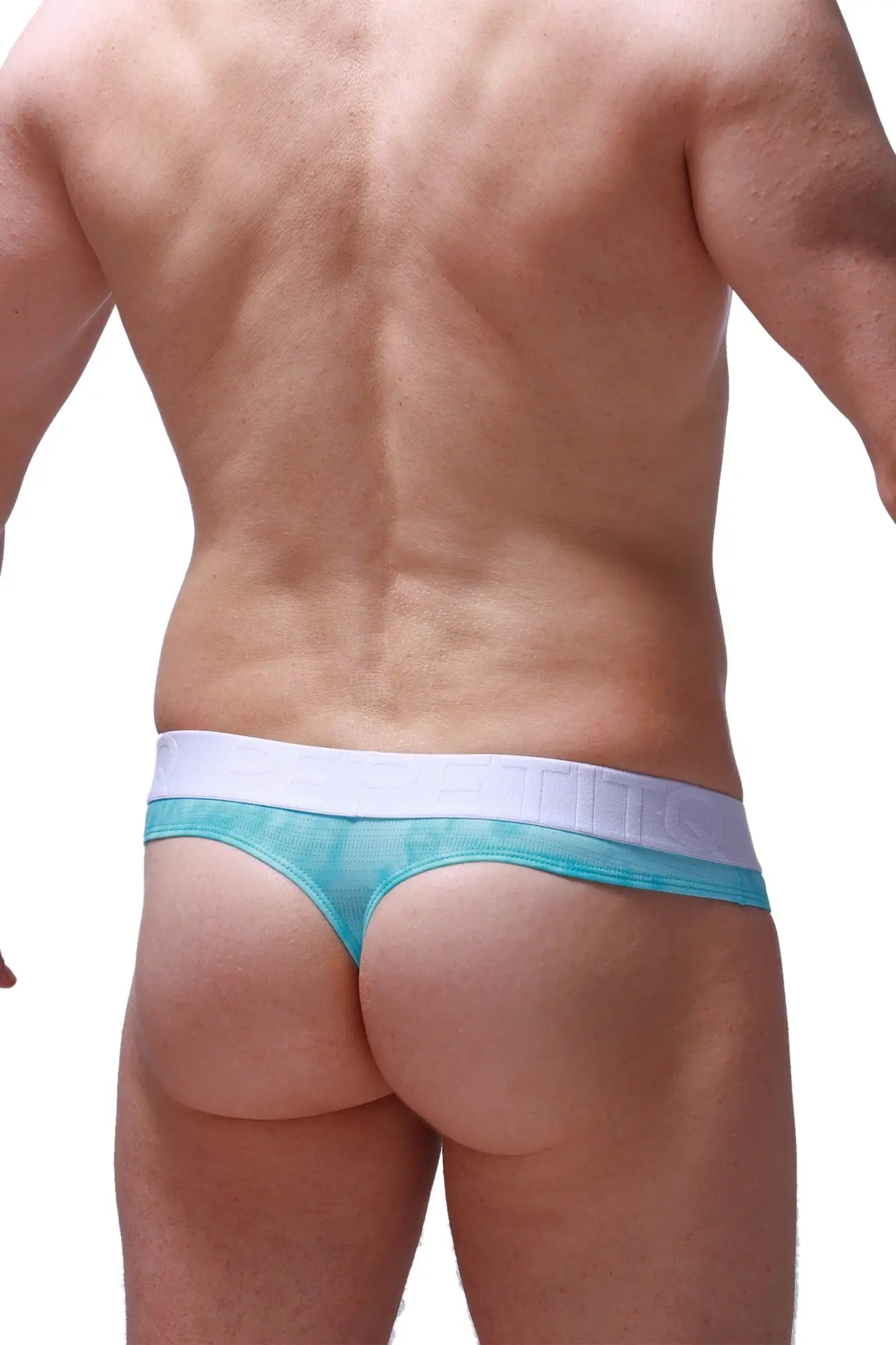 Teal and white mesh thong with a wide elastic waistband from petitq designed as a hole cockring marbre green style