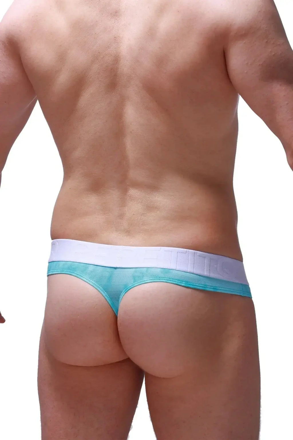 Teal and white mesh thong with a wide elastic waistband from petitq designed as a hole cockring marbre green style