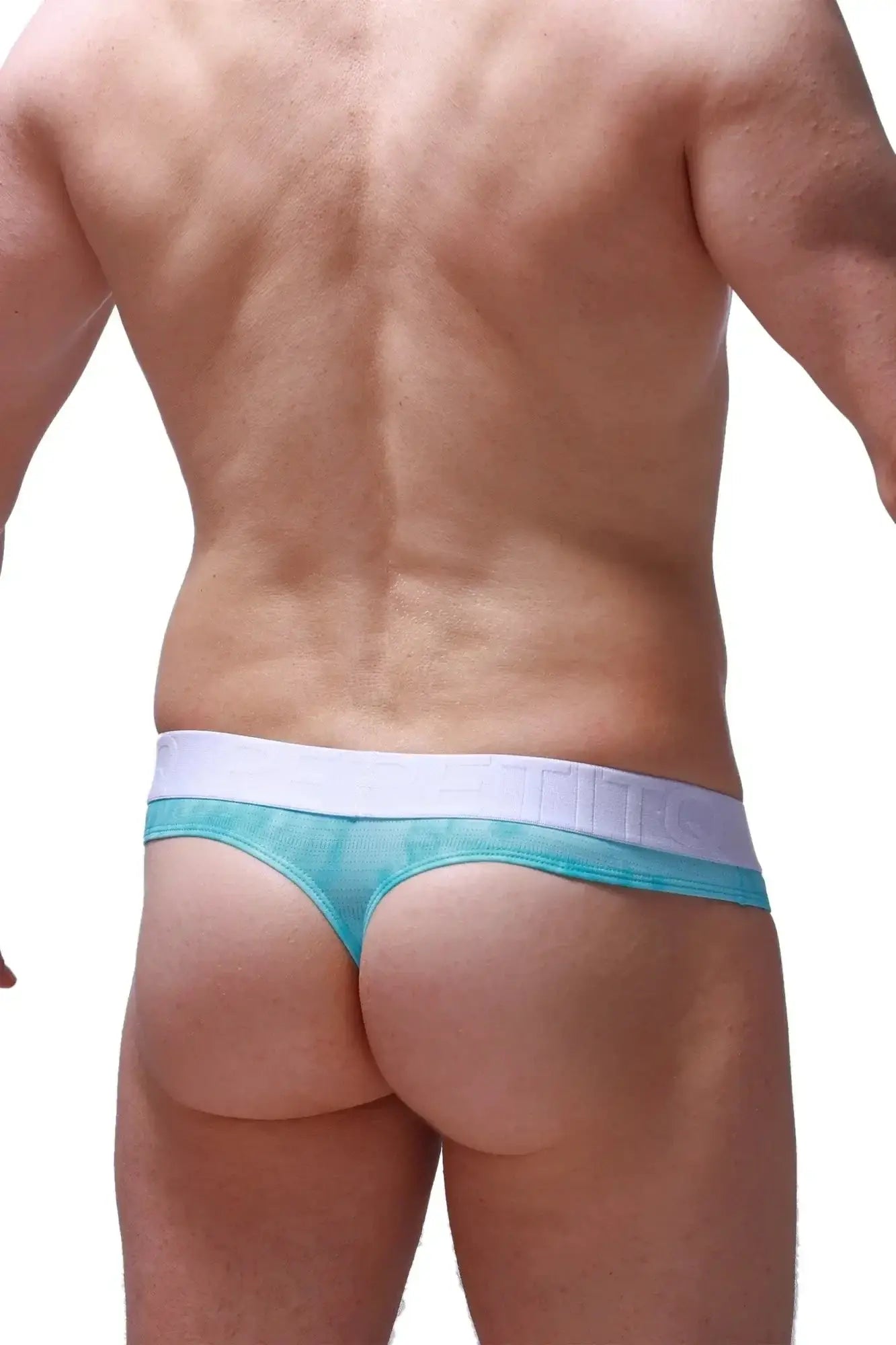 Teal and white mesh thong with a wide elastic waistband from petitq designed as a hole cockring marbre green style